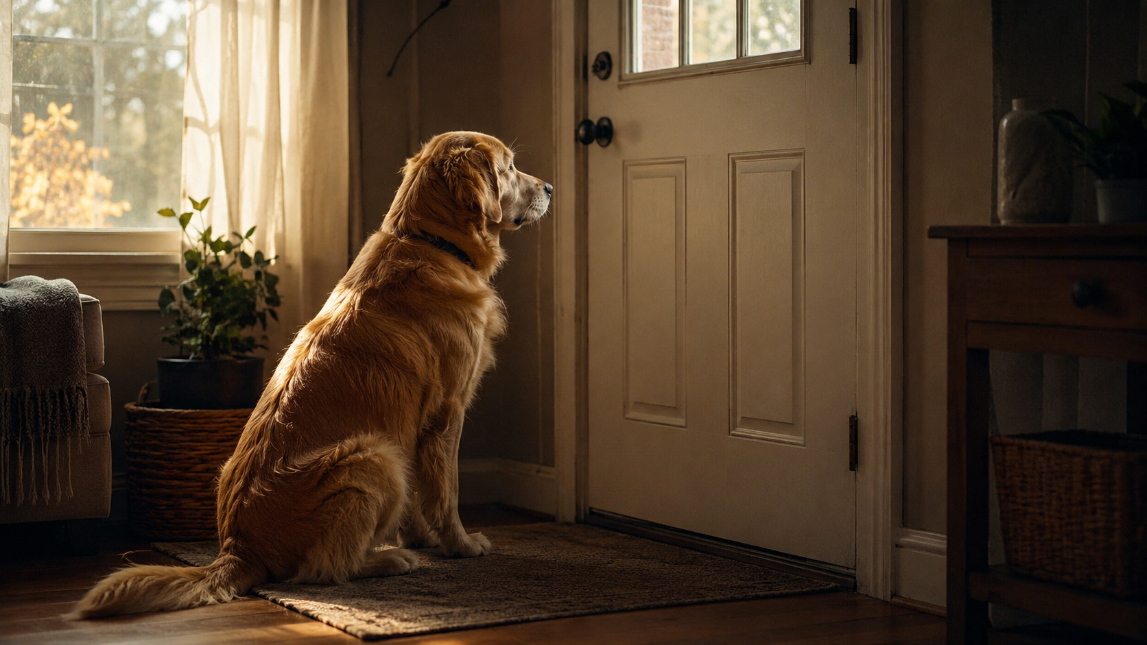Perro esperando junto a una puerta