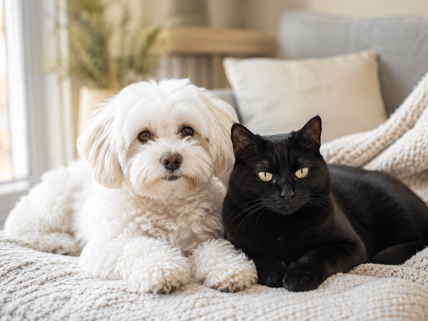 Perro y gato observándose en casa
