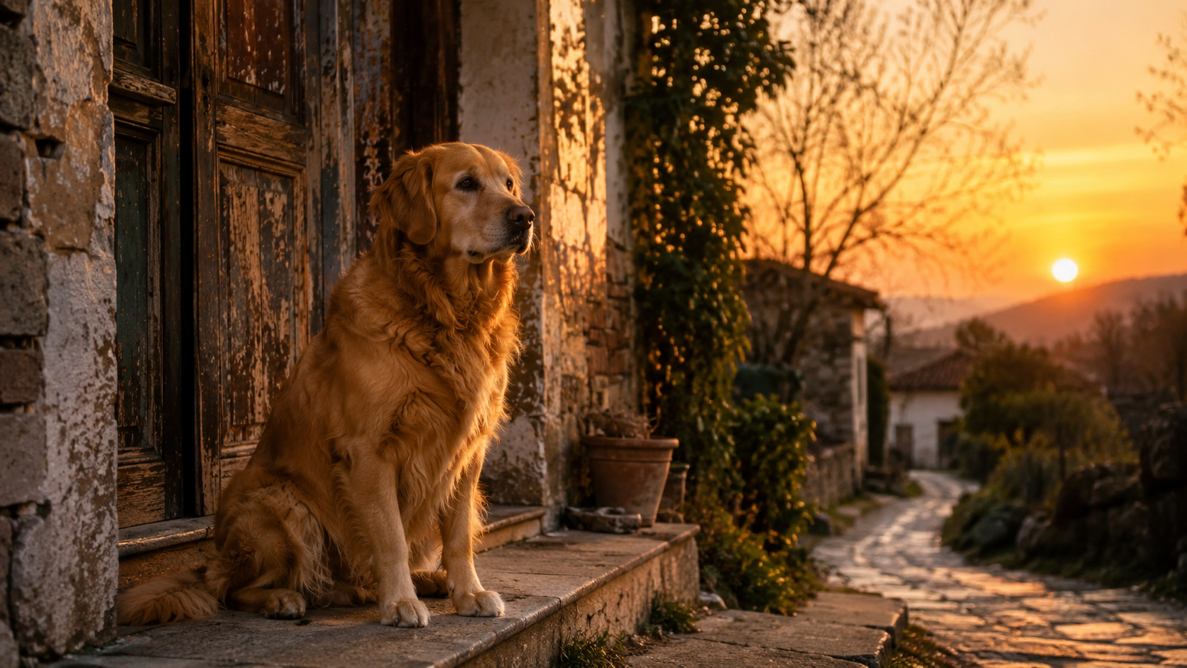 Perro mirando hacia la entrada de una casa
