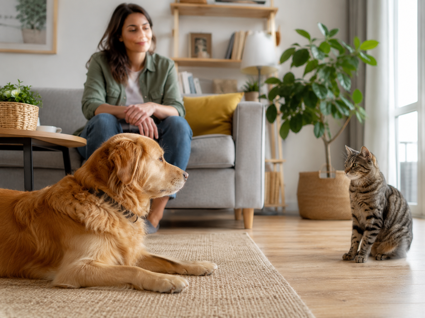 Perro y gato compartiendo espacio con calma