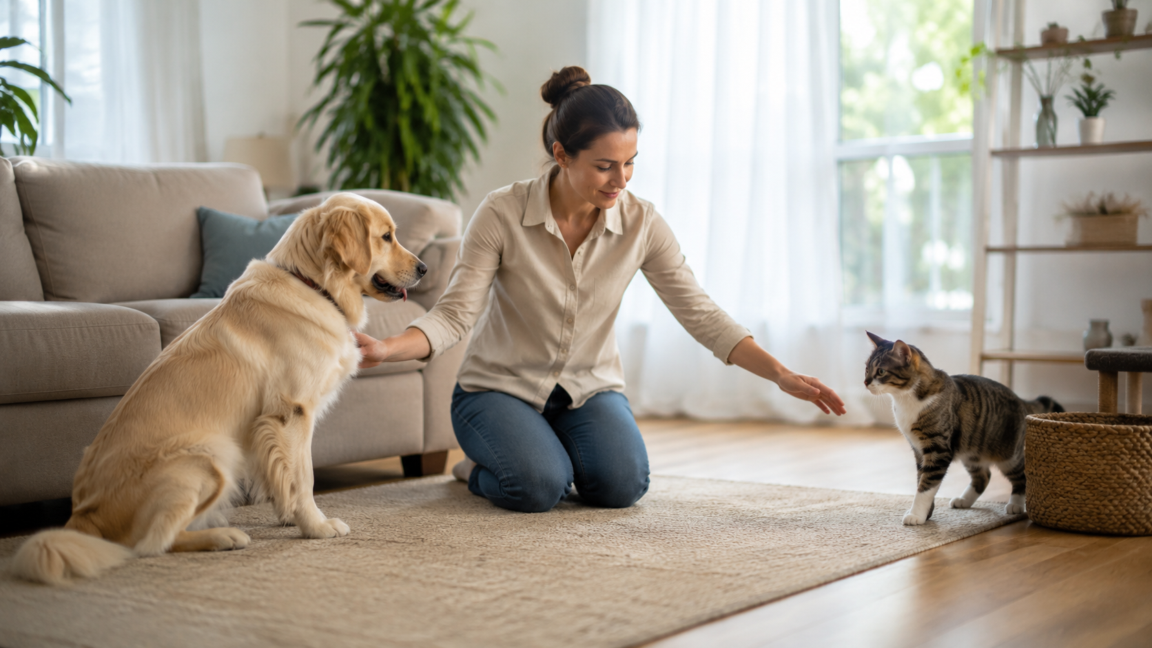 Perro observando con calma a un gato