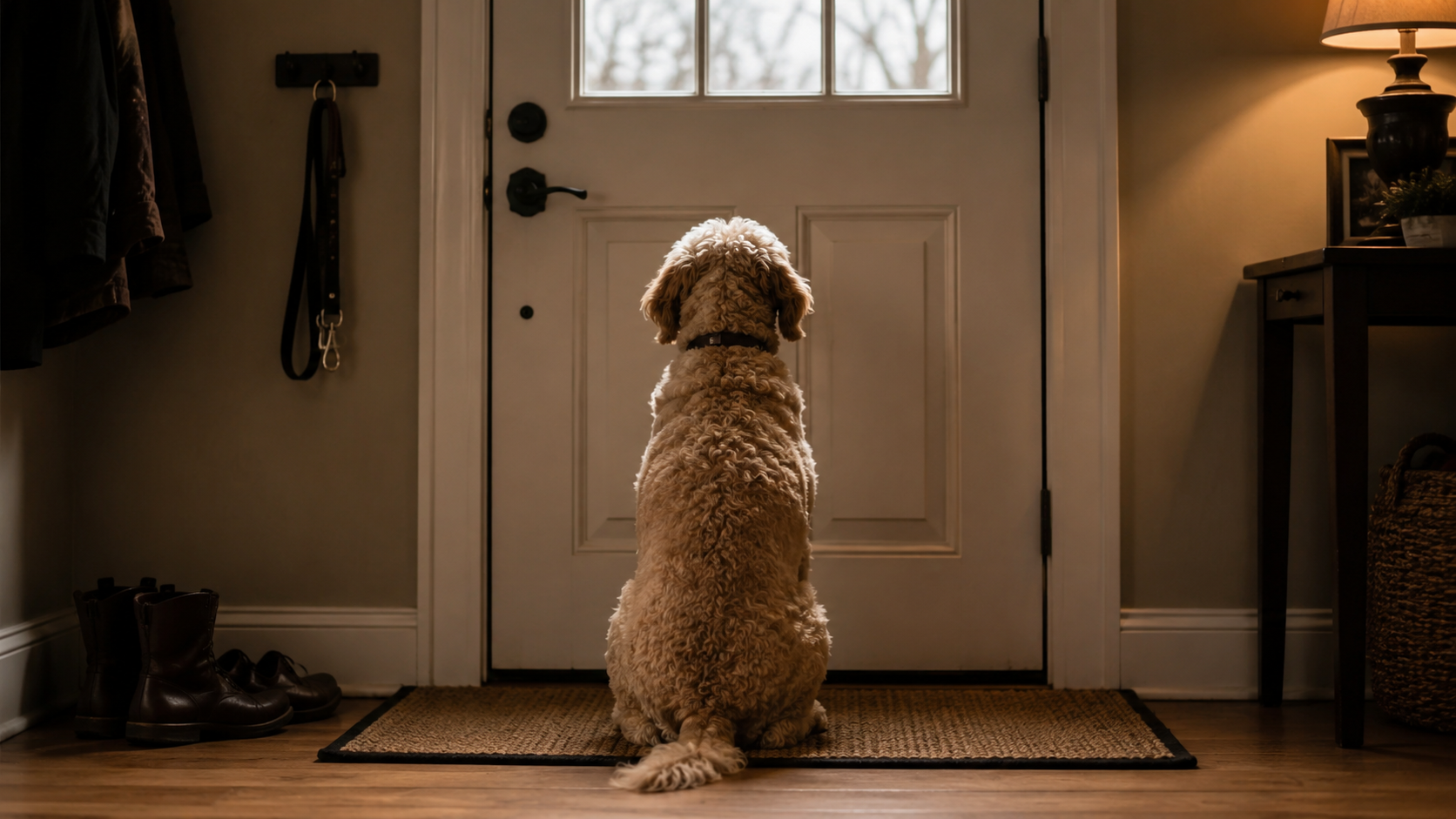 Perro solo en casa con expresión pensativa