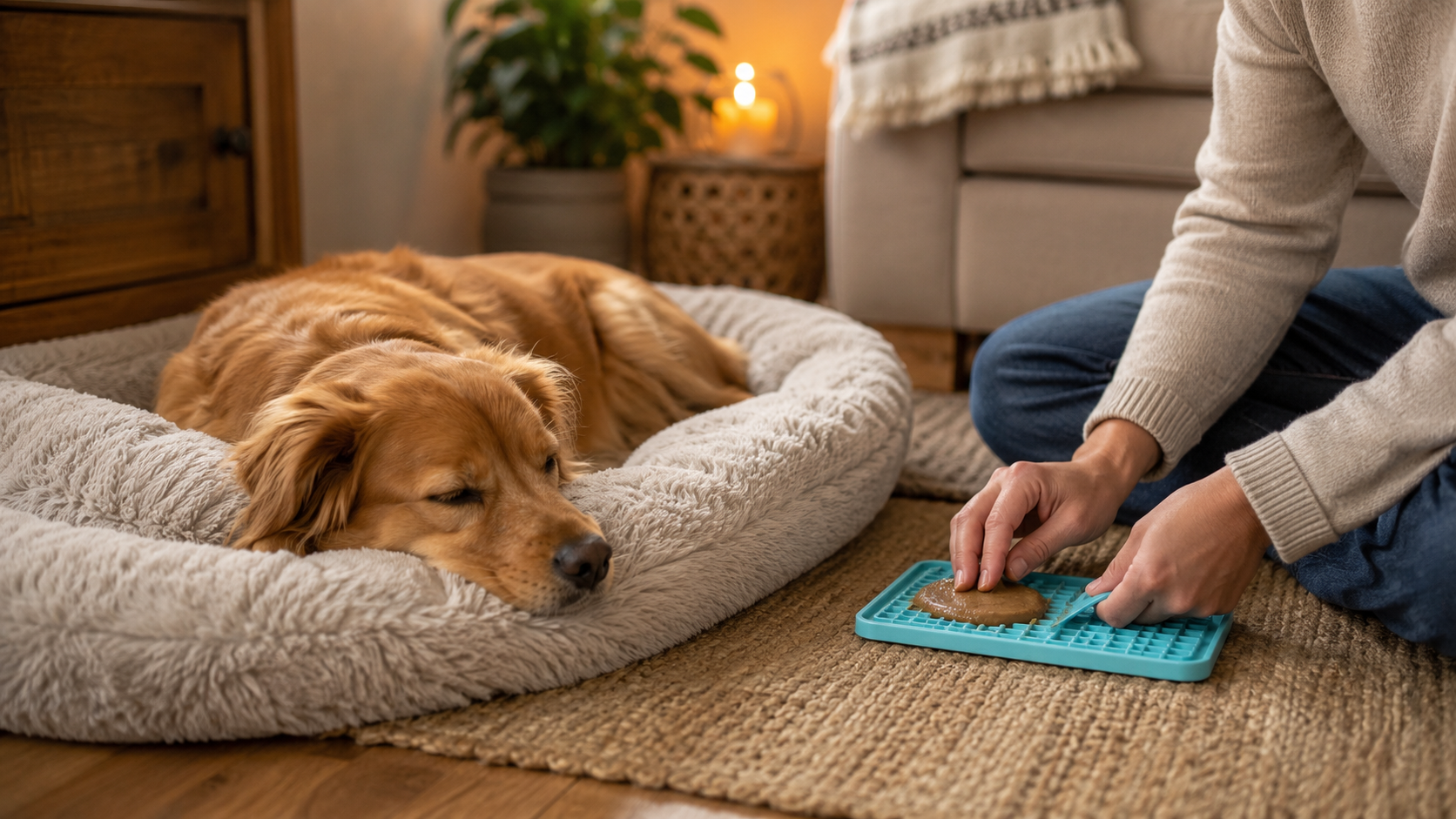 Persona acompañando con calma a un perro ansioso