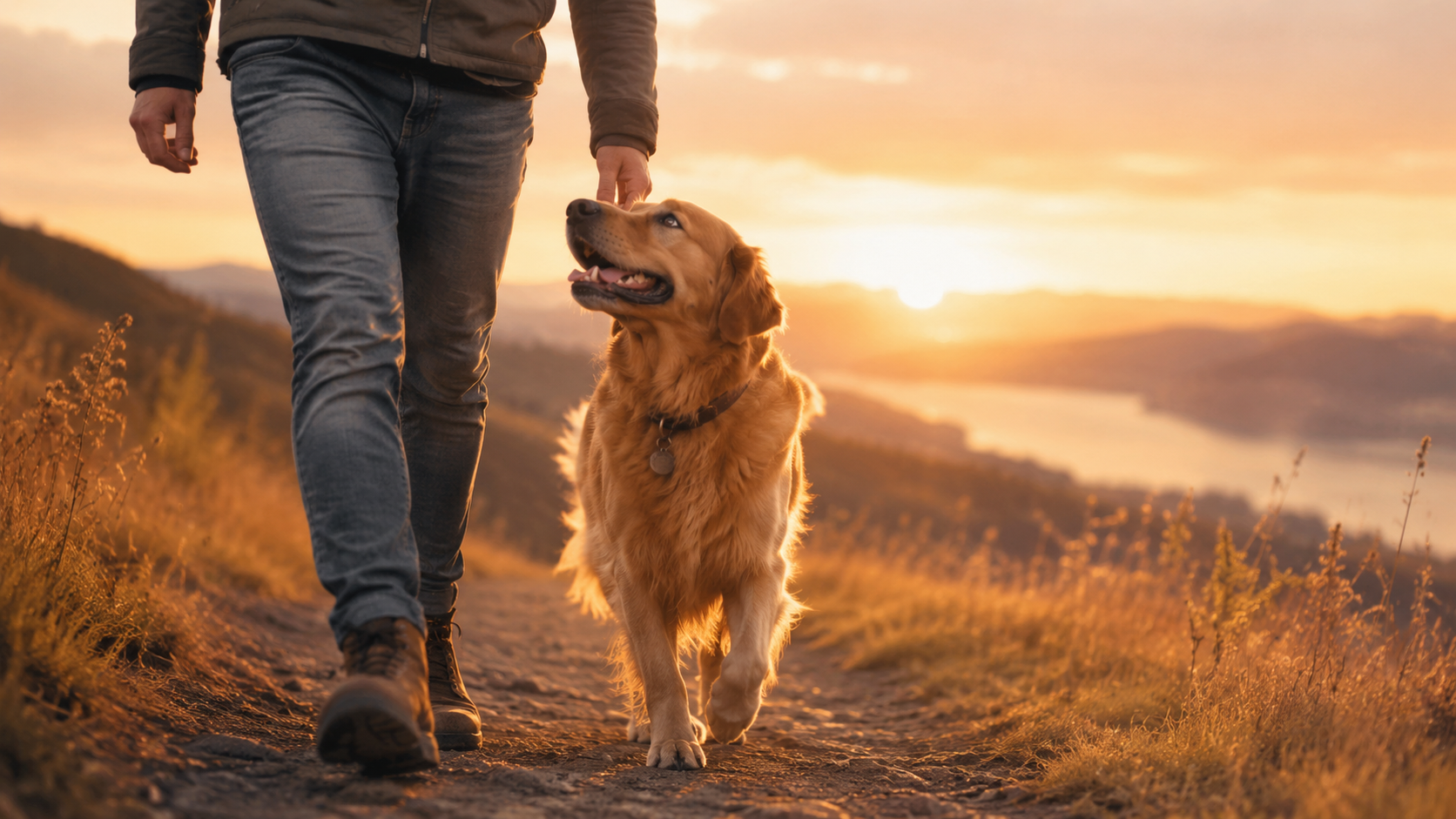 Perro paseando con su dueño al atardecer