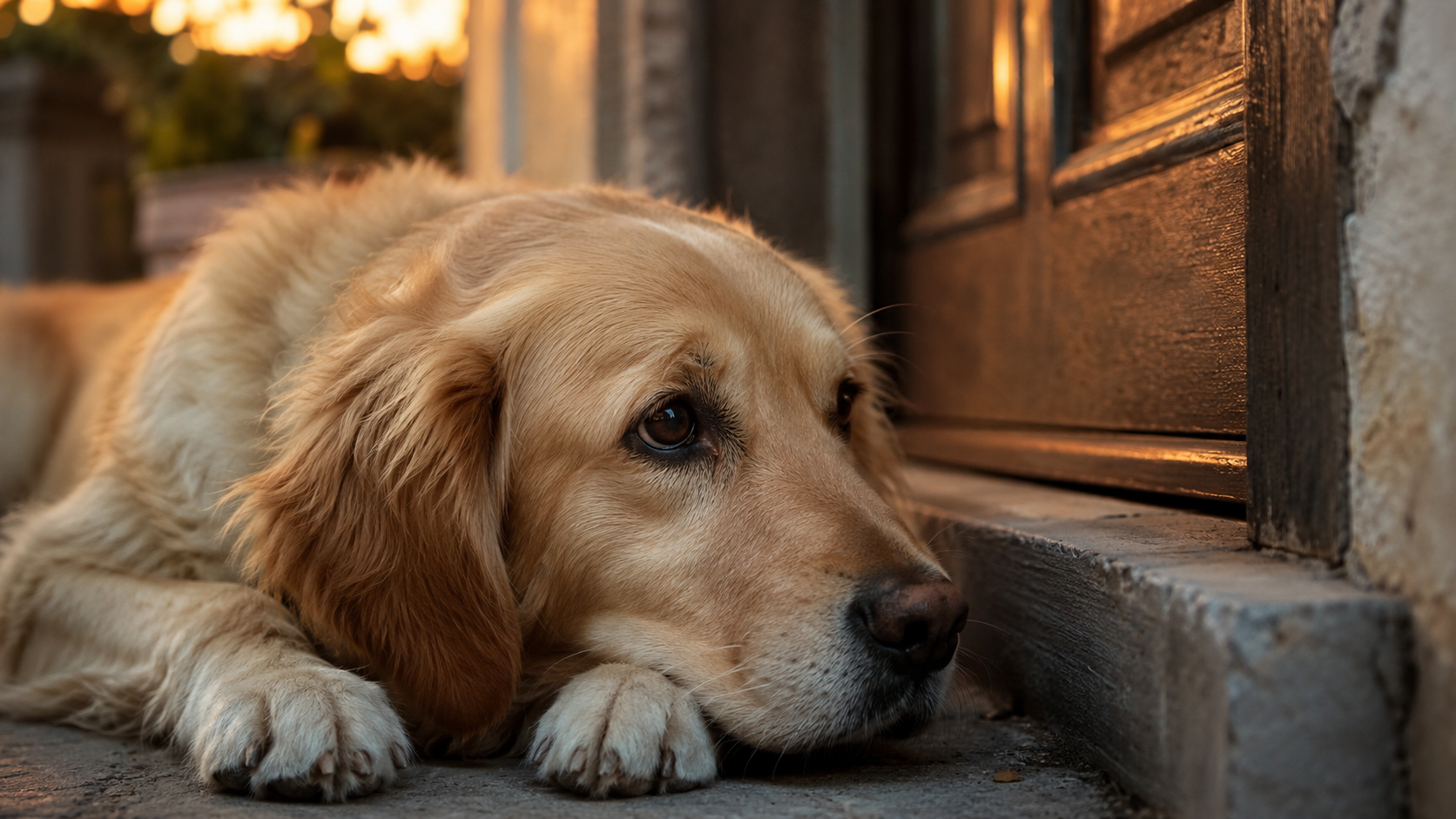 Perro descansando junto a la puerta con tristeza