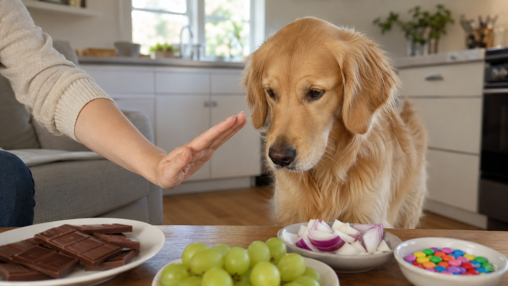 Perro cerca de comida no apta para perros