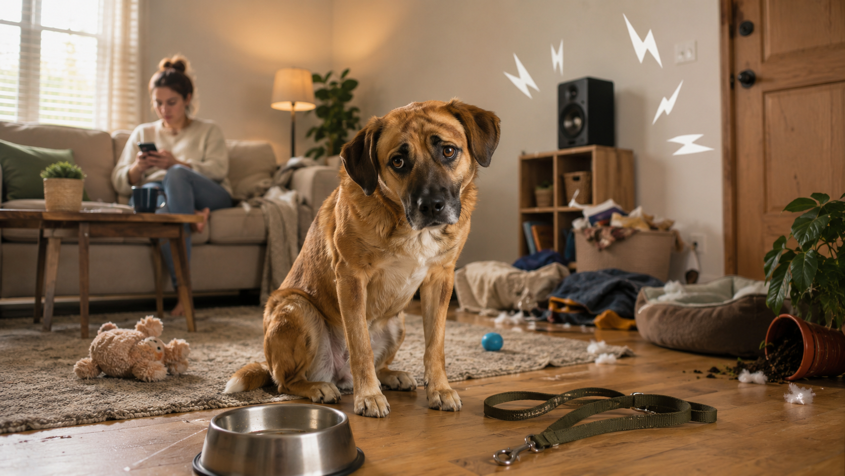 Perro triste en casa con ambiente desordenado