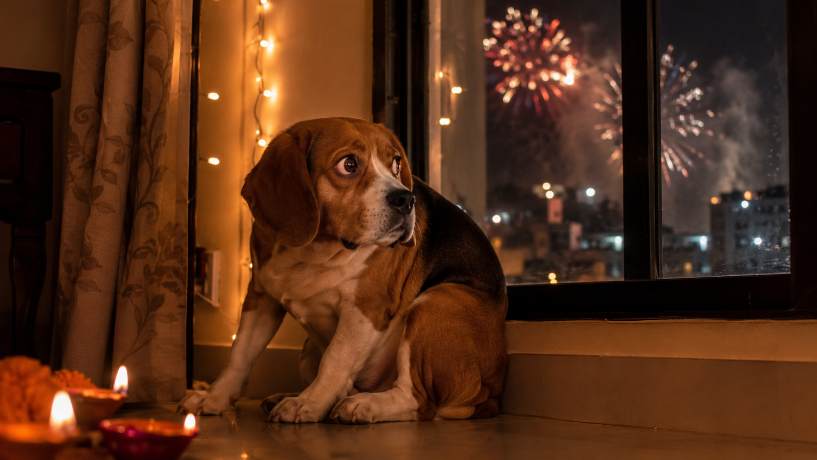 Perro nervioso durante una festividad con fuegos artificiales