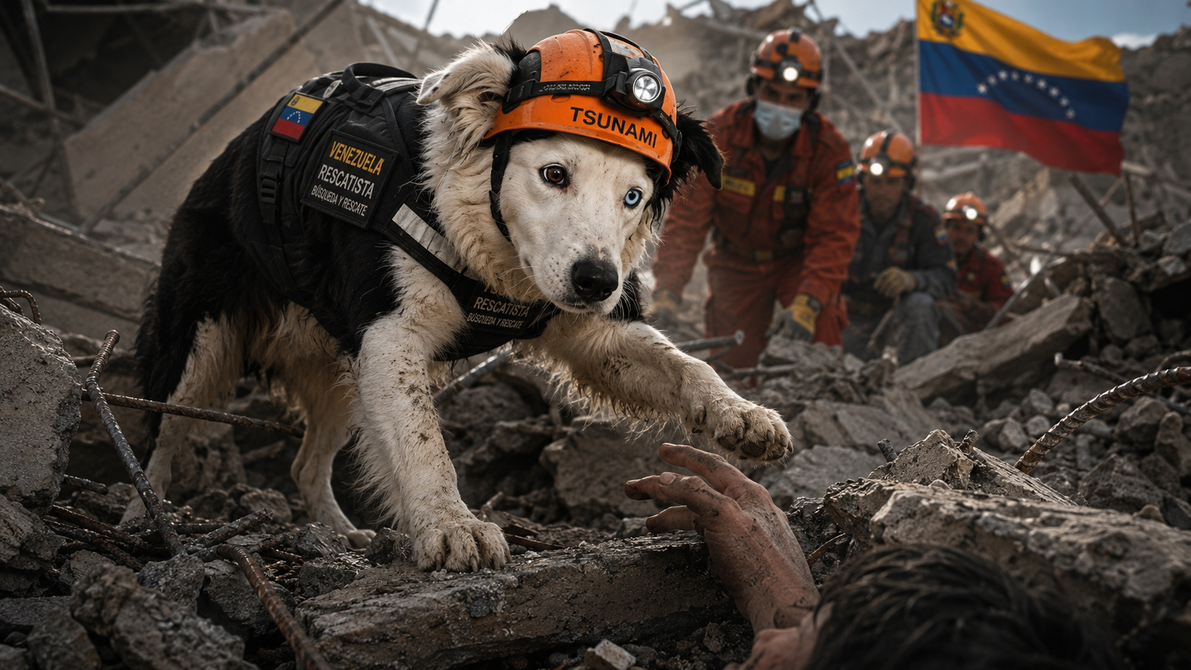 Perro héroe trabajando en zona de desastre