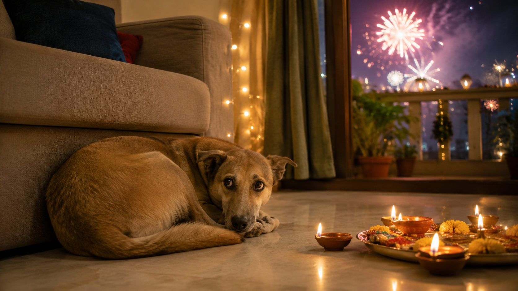 Perro protegido y acompañado durante celebraciones ruidosas