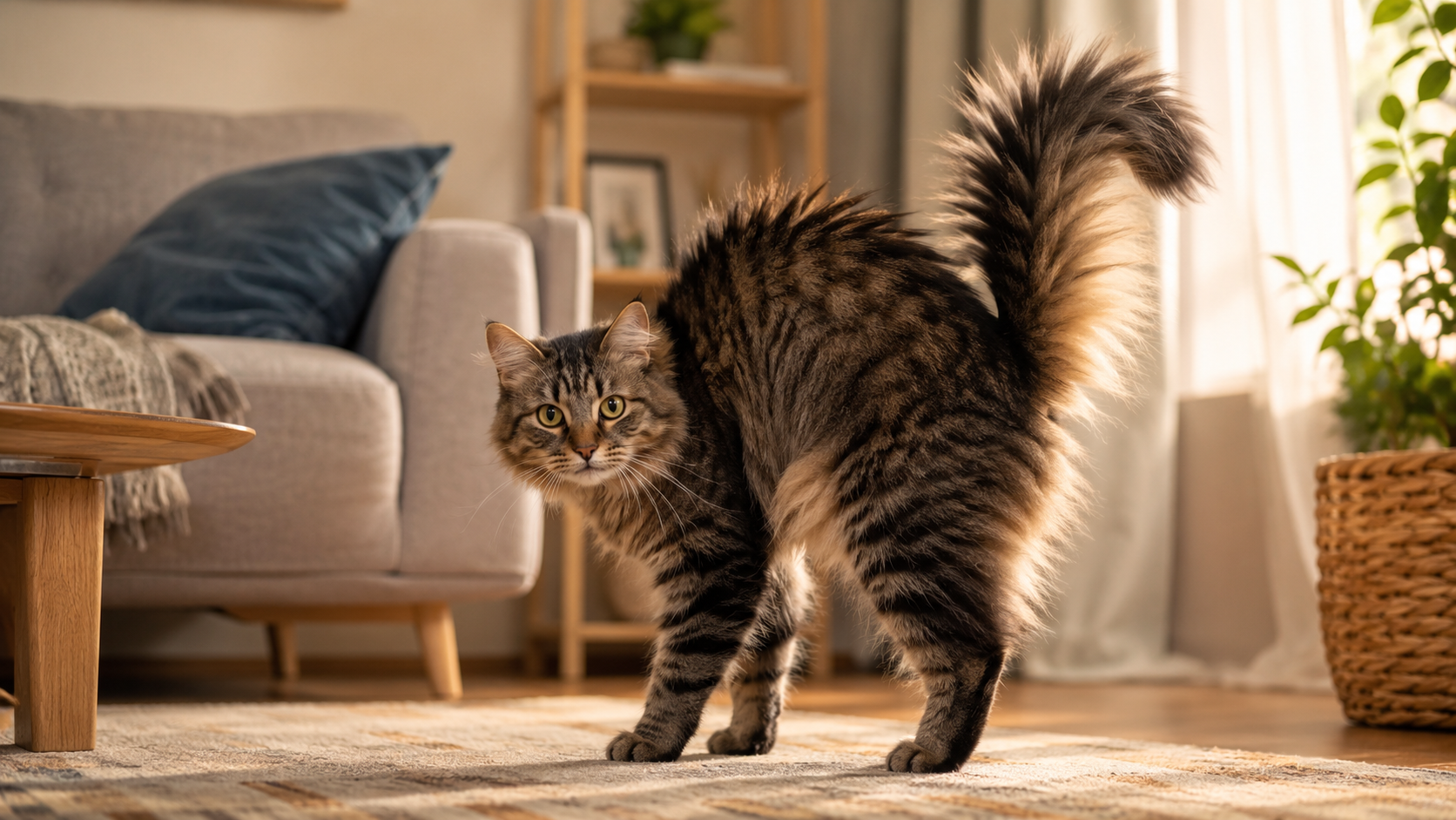 Gato con expresión de alerta y cola visible