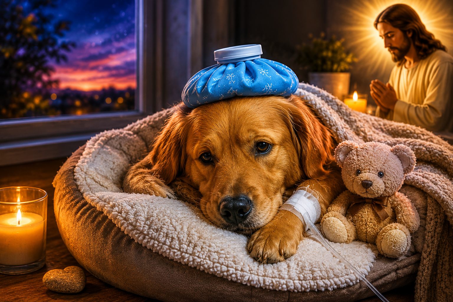 Persona cuidando con amor a un perro enfermo