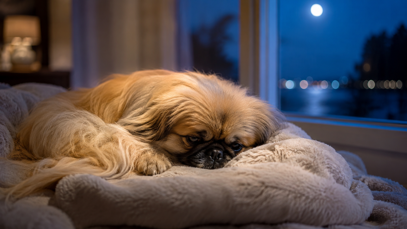 Pekinés tranquilo escuchando música suave