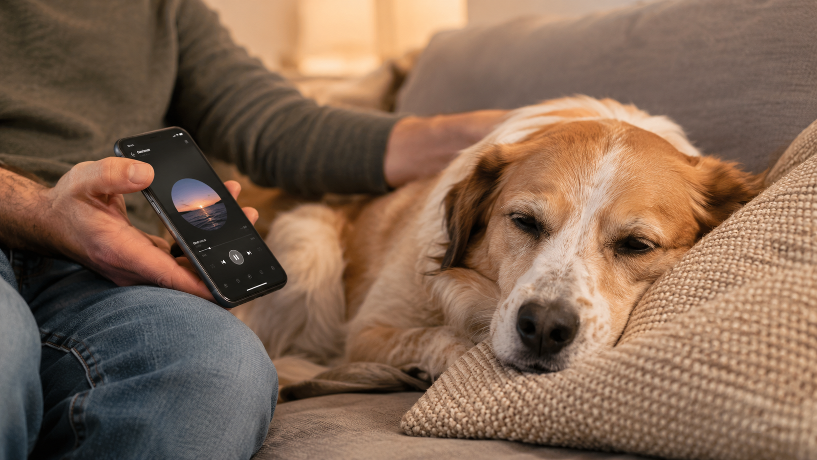Perro tranquilo en una cama escuchando música para dormir