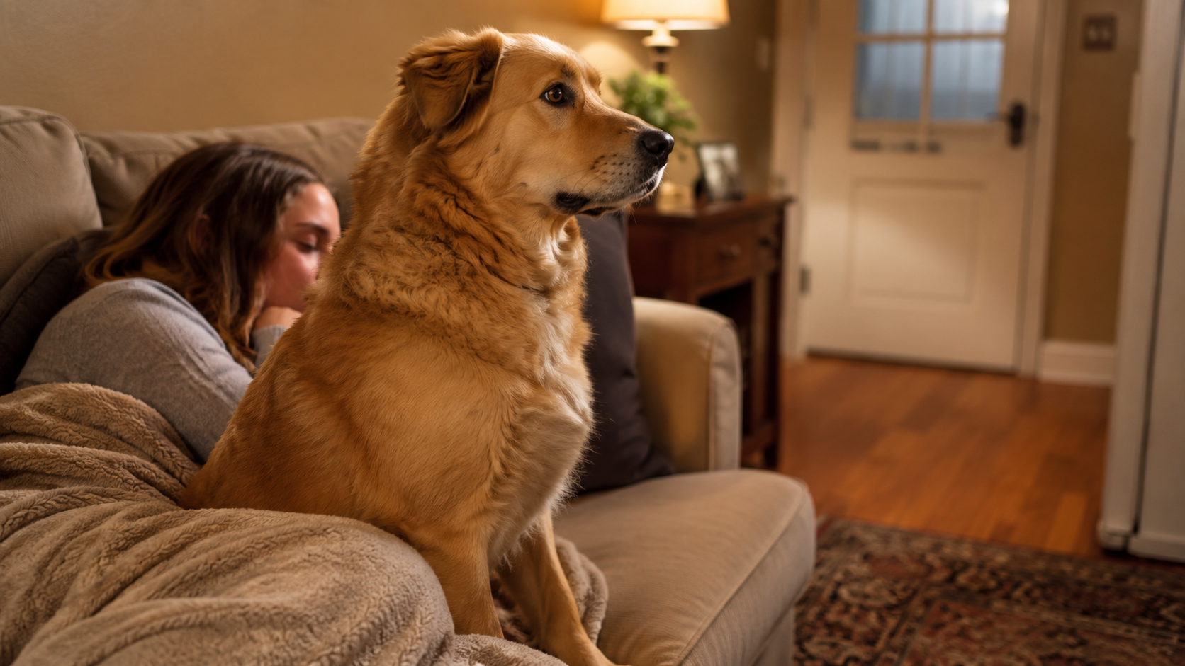Perro protegiendo a su dueño con mirada atenta
